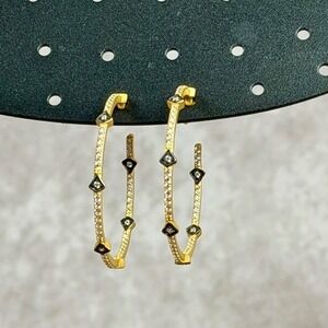 Freida Rothman Hoops 14K Gold over Sterling Silver Pave Stone Accents Medium